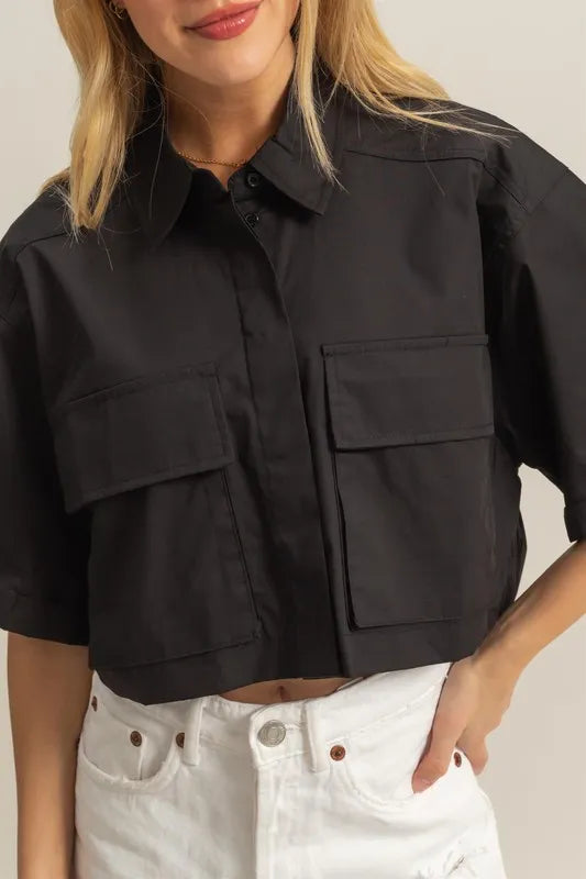 HYFVE Front Pockets Poplin Collared Neck Crop Shirt - Farnelli