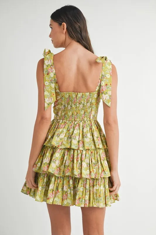 MABLE Floral Print Shoulder Tie Layered Mini Dress - Farnelli