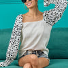 BiBi Ribbed Top with Leopard Long Sleeves - IVORY