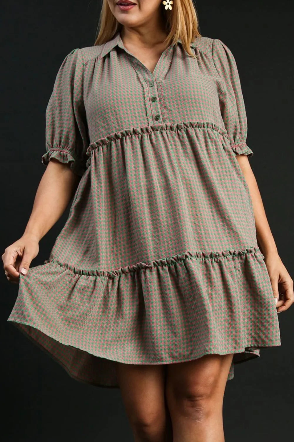 Umgee Full Size Plaid Frill Button Detail Ruffled Short Sleeve Dress Plus Size - Farnelli