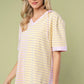 White Birch Full Size Striped Short Sleeve Drawstring Hooded Top - Farnelli