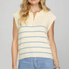 She + Sky Full Size Ribbed Hem Striped Half Zip Sweater Vest Plus Size - Sky Blue