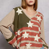 POL Double Gauze American Flag Patch V-Neck Long Sleeve T-Shirt - MOCHA MULTI