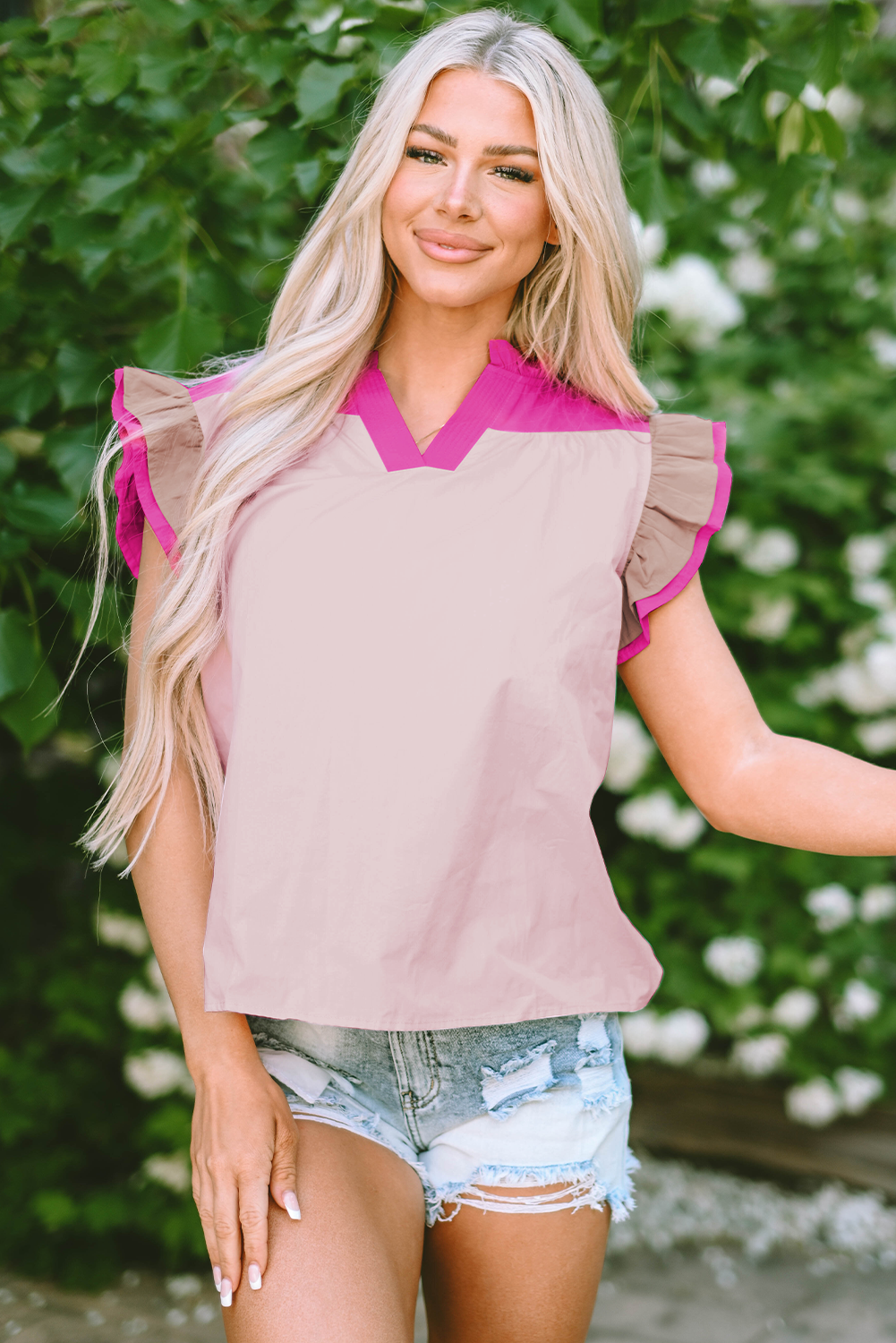 Maci Ruffled Sleeve Frill V Neck Blouse - Farnelli