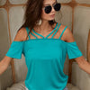 BiBi Rayon Span Jersey Lace Up Shoulder Detailed Top - TEAL BLUE