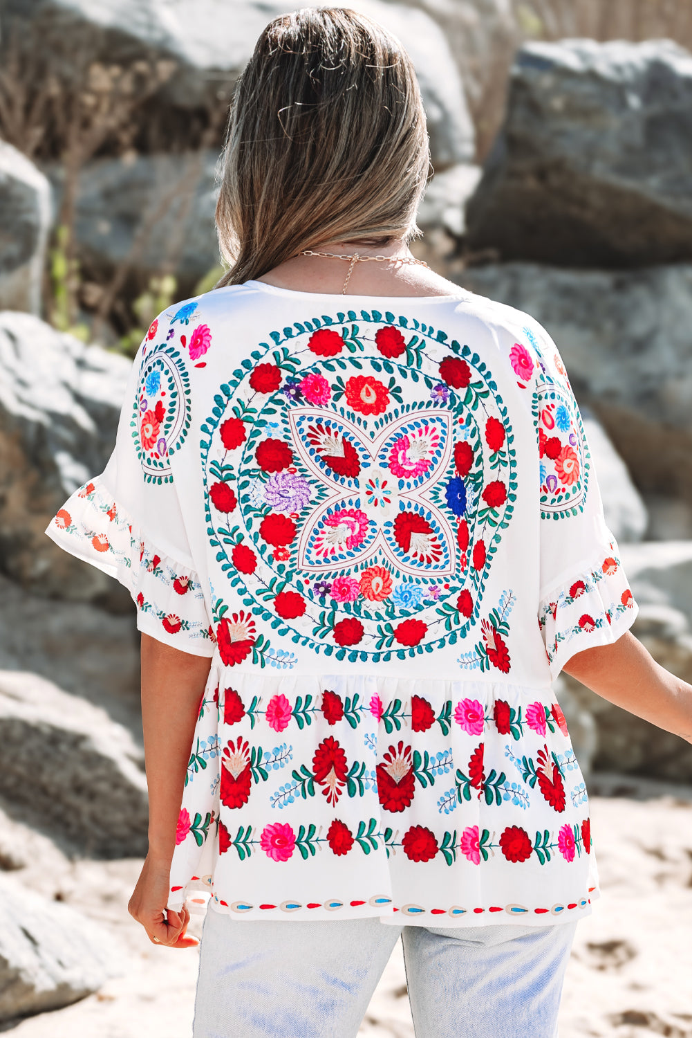 Selene Boho Floral Ruffle Trim Blouse - Farnelli