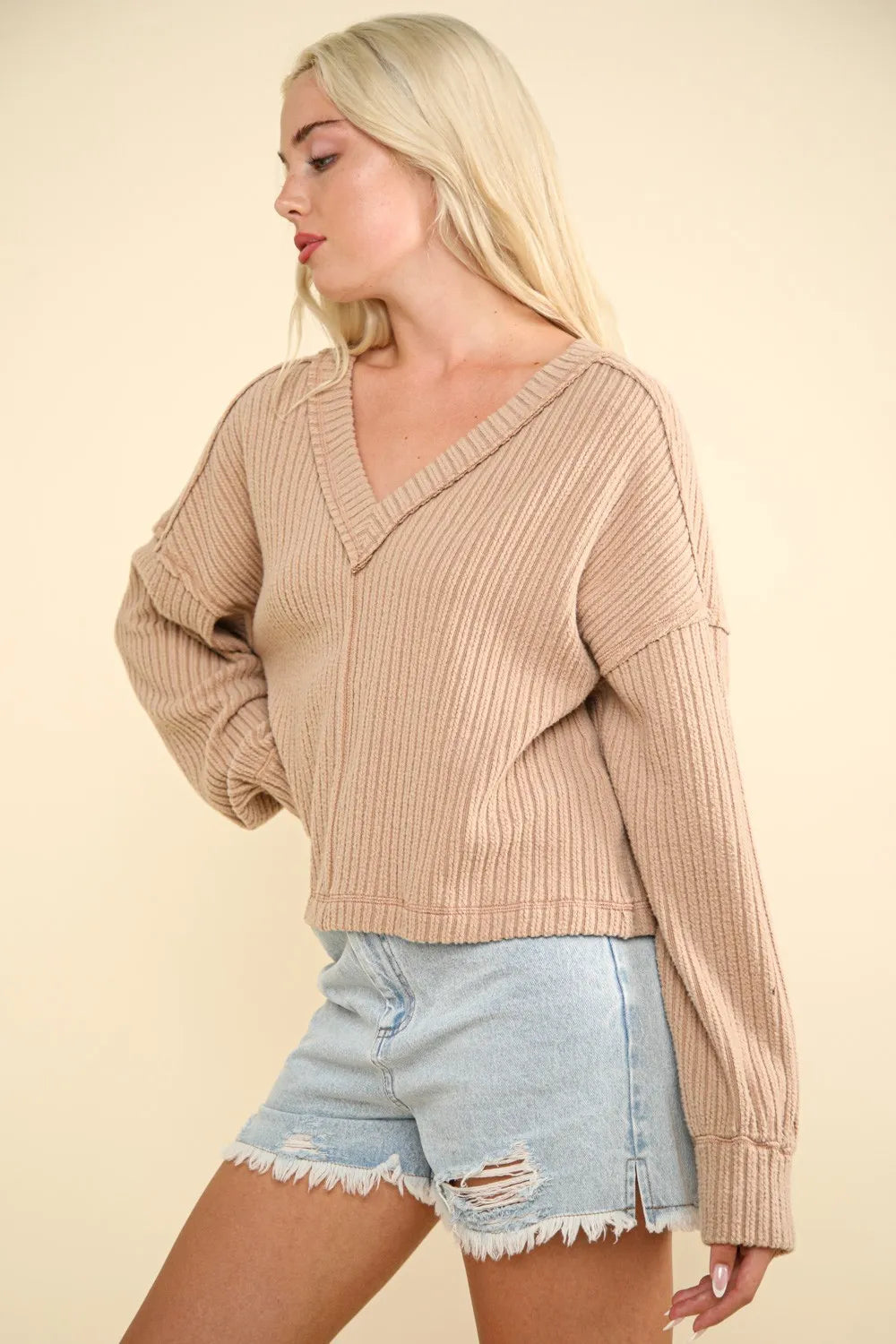 VERY J Exposed Seam V-Neck Ribbed Knit Top - Farnelli