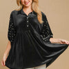 Umgee Pearl Detail Half Sleeve Velvet Babydoll Blouse - Black