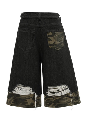Men's Distressed Camo Trim Denim Bermuda Shorts - Farnelli
