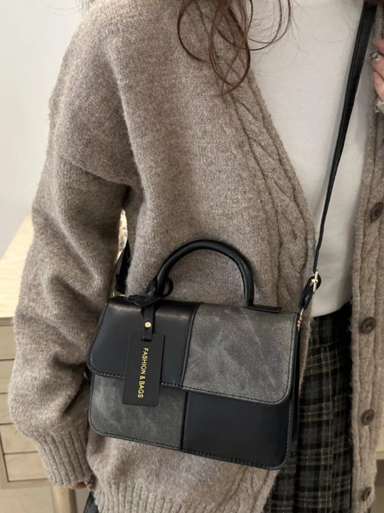 Color Block Flap Crossbody Bag with Top Handle - Farnelli