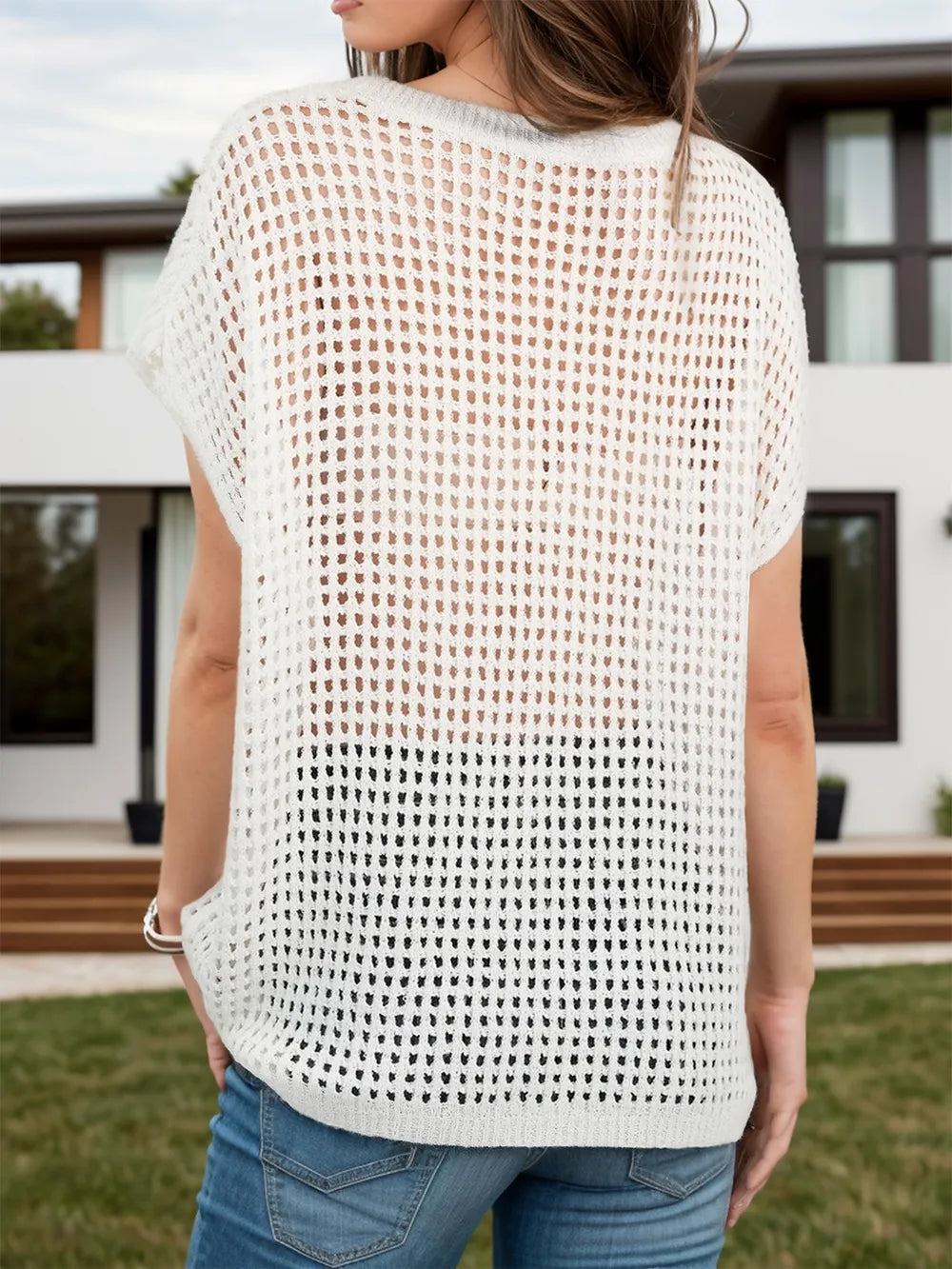 Openwork Round Neck Short Sleeve Cover-Up - Farnelli