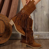 Fringe Point Toe Block Heels Boots - Caramel
