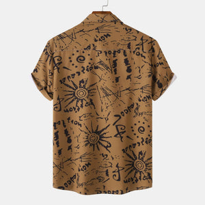 Men's Plus Size Vintage Sun Print Short Sleeve Button-Up Shirt - Farnelli