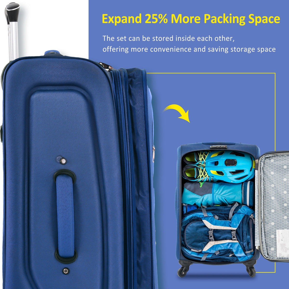 HouseOfZazla expandable softside luggage 3-piece set with spinner wheels in multiple colors