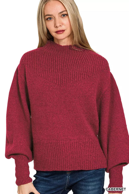 Zenana Balloon Sleeve Mock Neck Sweater - Farnelli