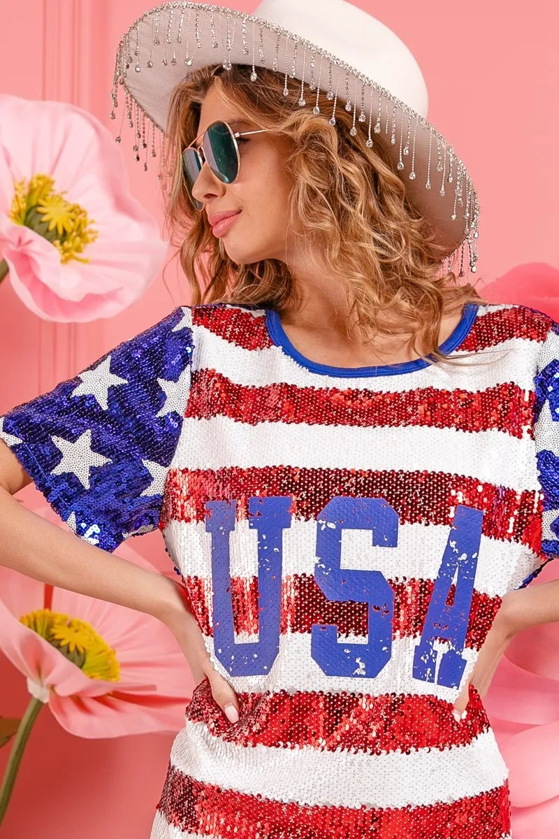 BiBi American Flag Theme Usa Print Sequin Dress - Farnelli
