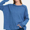 Zenana Full Size Exposed Seam Brushed Round Neck Sweater - Navy