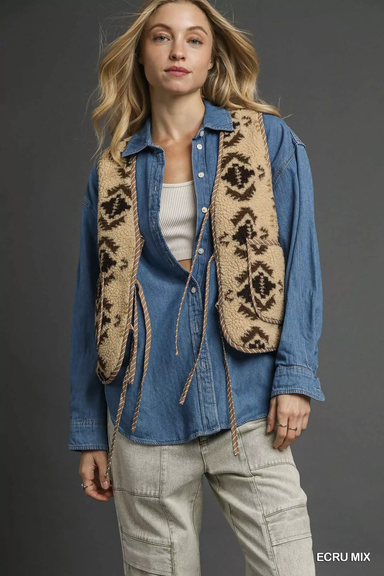 Umgee Mix Patterned Sherpa Tie-Front Vest - Farnelli