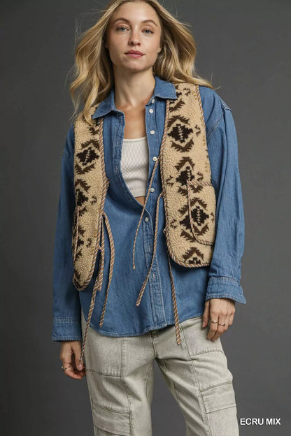 Umgee Mix Patterned Sherpa Tie-Front Vest - Farnelli