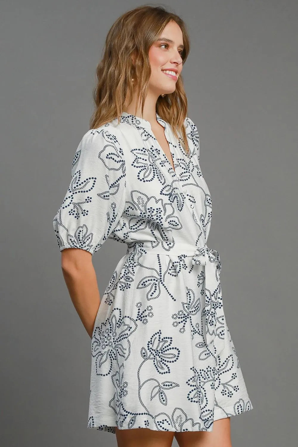 Umgee Full Size Floral Print Notched Puff Sleeve Mini Dress Plus Size - Farnelli