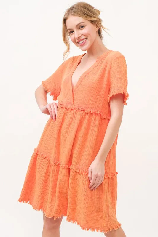 And The Why Washed Frayed Detail Tiered Dress - Farnelli