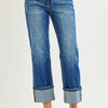 RISEN High Rise Straight Jeans with Distressed Hem - DARK