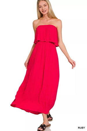 Zenana Woven Crinkle Strapless Maxi Dress - Farnelli