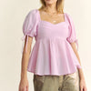 Davi & Dani Solid Elastic Peplum Puffed Sleeves Blouse - BABY PINK