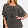 Zenana Washed Texture Half Button T-Shirt - Ash Black