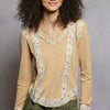 POL Floral Patch V-Neck Long Sleeve Ribbed Top - NUDE BEIGE