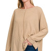 Zenana Ribbed Center Seam Dolman Sleeve Hi Low Sweater - BEIGE