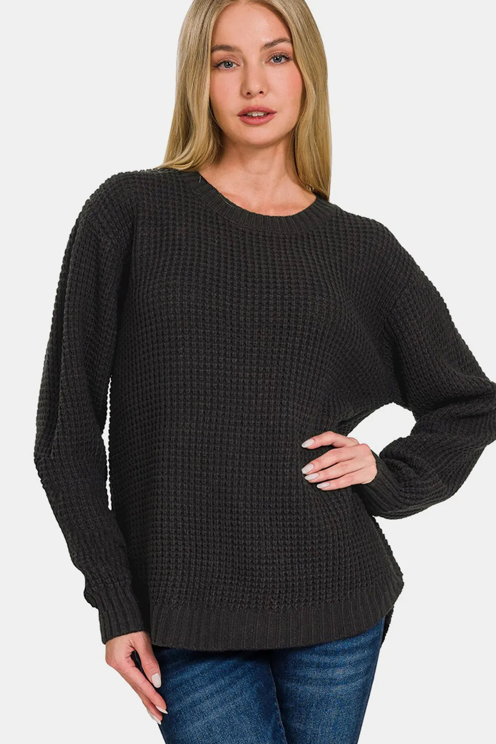 Zenana High Low Long Sleeve Waffle Sweater - Farnelli