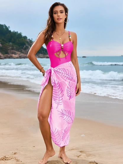 Cutout Sweetheart Neck One-Piece Swimwear and Cover-Up Swim Set - Farnelli