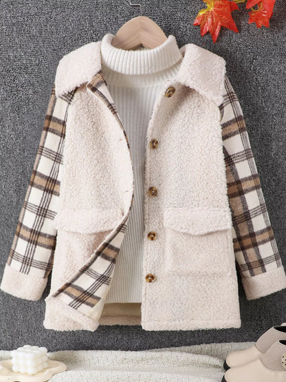 Children's Cozy Plaid Sleeve Fleece Jacket - Farnelli