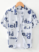 Men's Plus Size Letter Print Striped Short Sleeve Casual Shirt - Farnelli