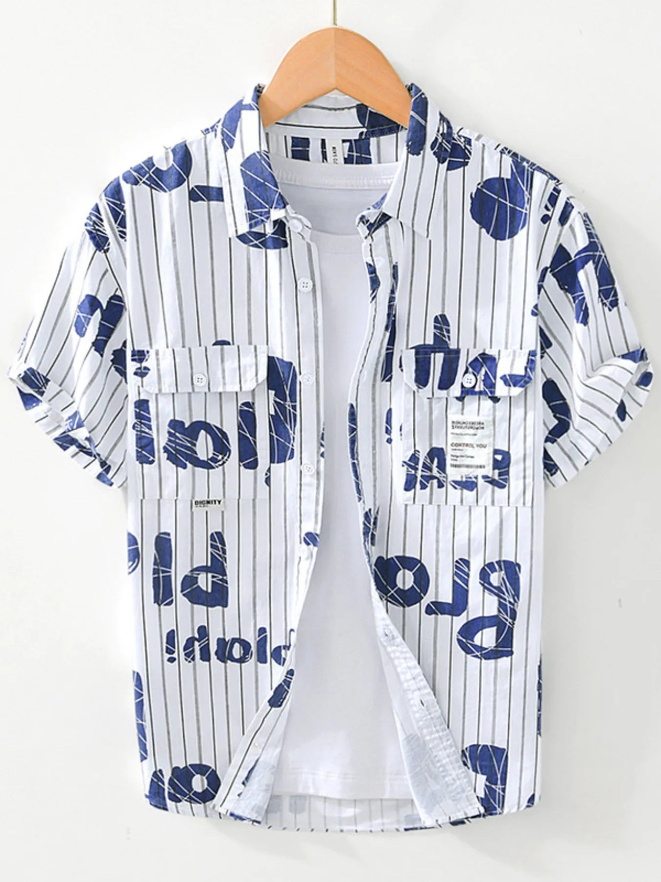 Men's Plus Size Letter Print Striped Short Sleeve Casual Shirt - Farnelli