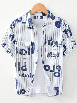 Men's Plus Size Letter Print Striped Short Sleeve Casual Shirt - Farnelli