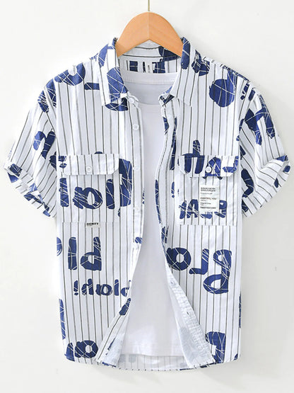 Men's Plus Size Letter Print Striped Short Sleeve Casual Shirt - Farnelli