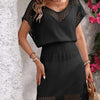 Openwork V-Neck Short Sleeve Cover-Up Dress - Black