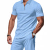 Men's Plus Size Quarter Zip Short Sleeve Top and Shorts Set - Light Blue