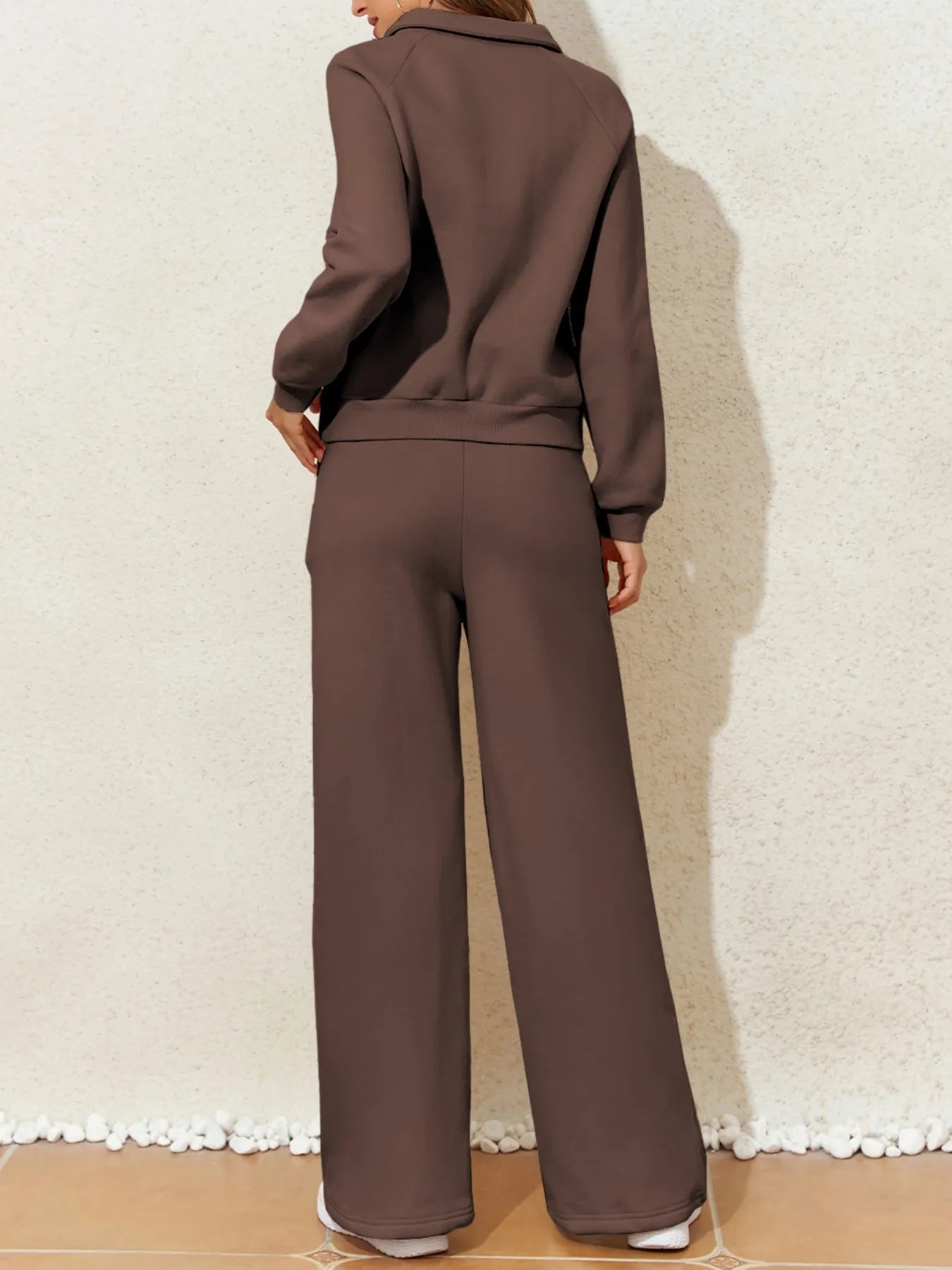 Collared Sweatshirt and High Waist Pants Active Set - Farnelli