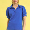 Umgee Side Zip Striped Puff Sleeve Polo - Royal Blue