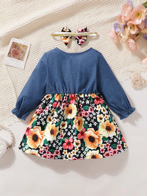 Children's Ruffled Bow Contrast Floral Dress with Headband - Farnelli