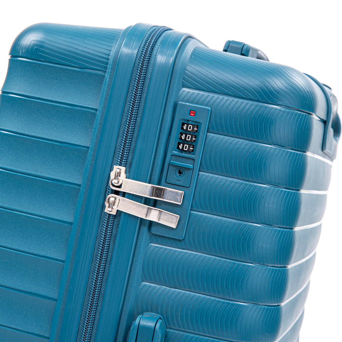 HouseOfZazla 4-piece blue hard case luggage set with spinner wheels and matching cosmetic case