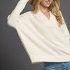 Umgee V-Neck Sweater with Wide Trim Detail - Cream