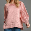 Umgee Wrinkled Round Neck Lantern Sleeve Blouse - Blush Pink