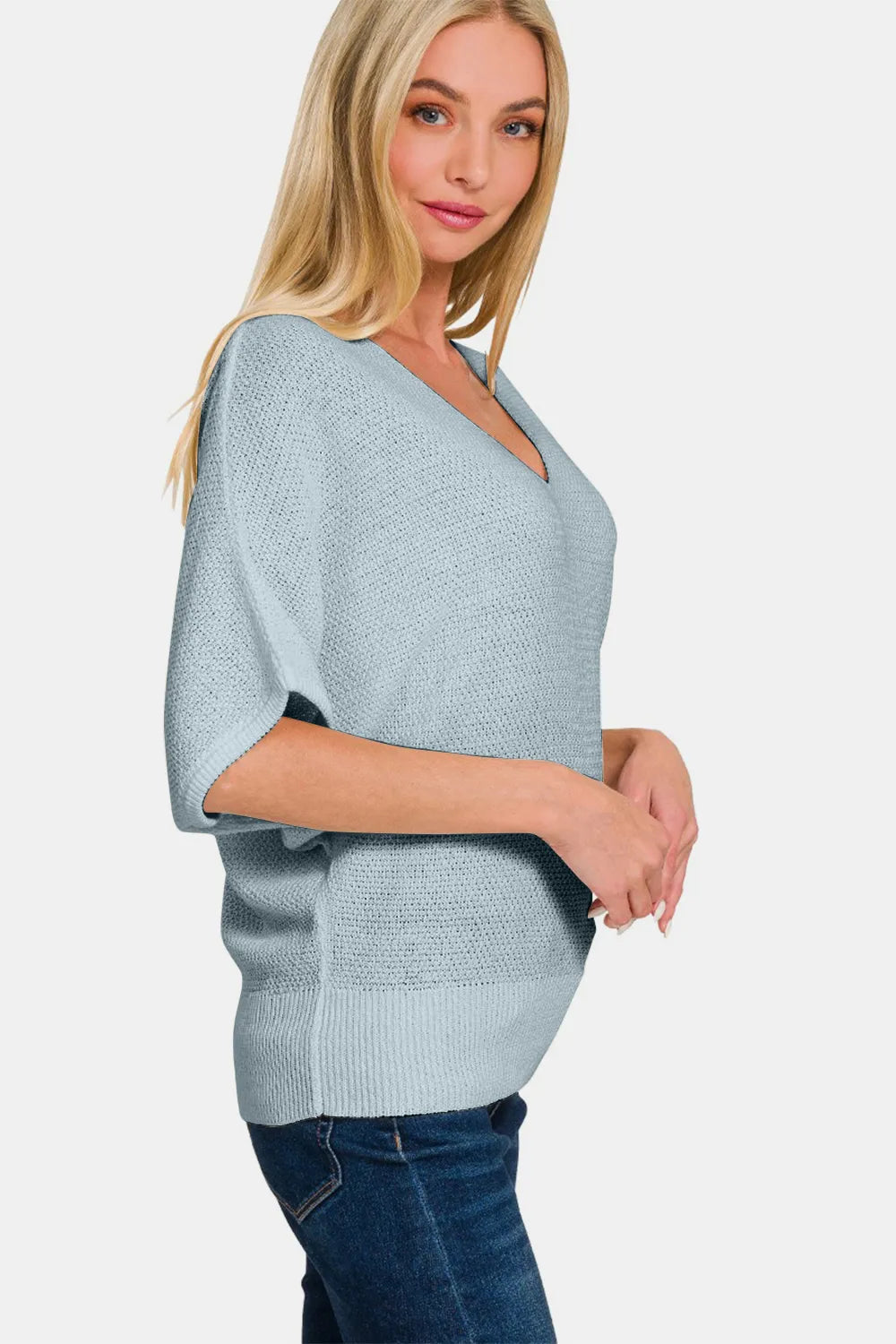 Zenana V-Neck Short Sleeve Dolman Sweater - Farnelli