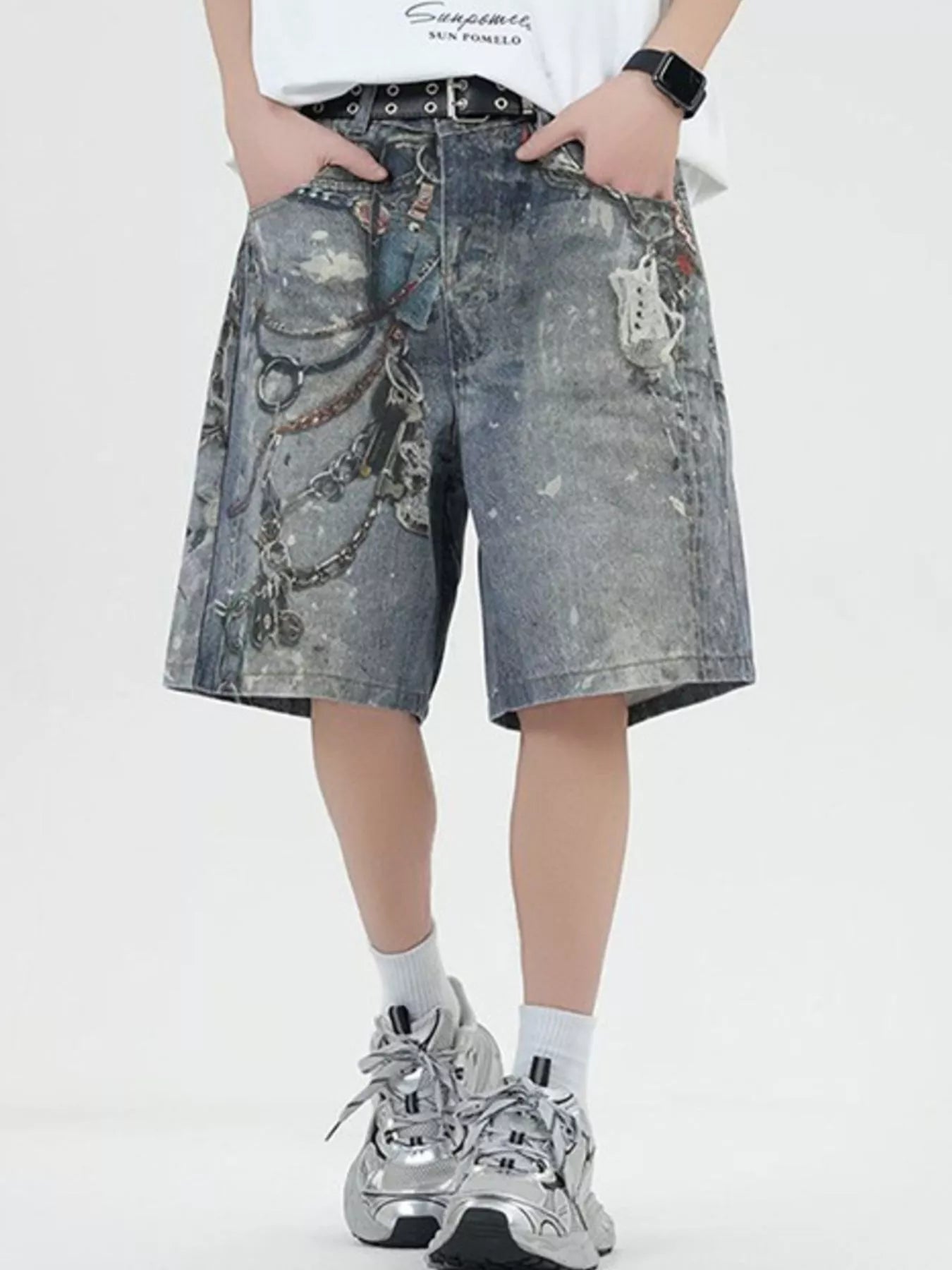 Men's Full Size Vintage Chain Print Denim Shorts Plus Size - Farnelli