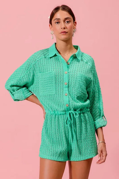 SO ME Textured Knit Button Front Romper - Farnelli