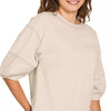 Zenana Balloon Sleeve Top with Contrast Stitching - SAND BEIGE